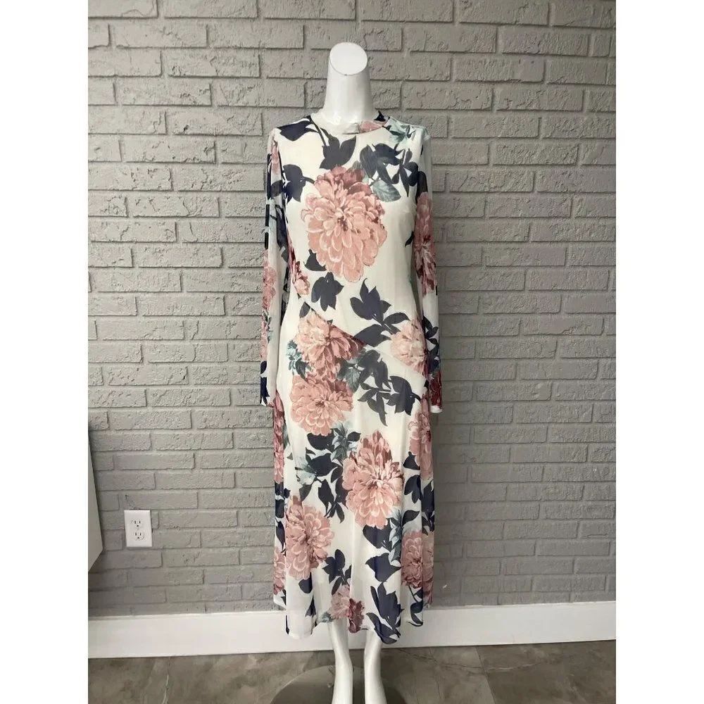 Enfocus Studio Pink White Floral Mesh Sheer Long Sleeve Midi Dress Size 4